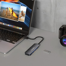 USB-A šakotuvas Wozinsky WHS080YSS 4 x USB-A 3.0 su atskirais jungikliais, aliuminis, su 30 cm laidu - pilkas