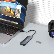 USB-A šakotuvas Wozinsky WHS080YSS 4 x USB-A 3.0 su atskirais jungikliais, aliuminis, su 30 cm laidu - pilkas