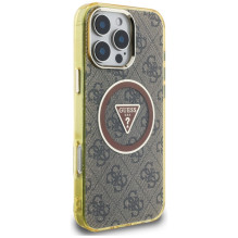 Guess IML Metal Glitter 4G Circle Triangle MagSafe dėklas, skirtas iPhone 16 Pro Max – rudas