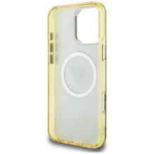 Guess IML Metal Glitter 4G Circle Triangle MagSafe dėklas, skirtas iPhone 16 Pro Max – rudas
