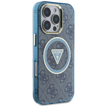 Guess IML Metal Glitter 4G Circle Triangle MagSafe dėklas, skirtas iPhone 16 Pro Max – mėlynas