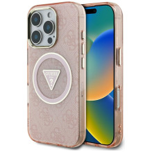 Guess IML Metal Glitter 4G Circle Triangle MagSafe dėklas, skirtas iPhone 16 Pro Max – rožinis