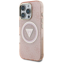 Guess IML Metal Glitter 4G Circle Triangle MagSafe dėklas, skirtas iPhone 16 Pro Max – rožinis