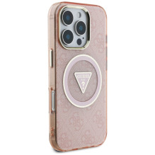 Guess IML Metal Glitter 4G Circle Triangle MagSafe dėklas, skirtas iPhone 16 Pro Max – rožinis