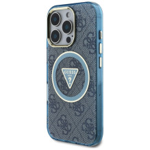 Guess IML Metal Glitter 4G Circle Triangle MagSafe dėklas, skirtas iPhone 16 Pro – mėlynas