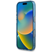 Guess IML Metal Glitter 4G Circle Triangle MagSafe dėklas, skirtas iPhone 16 Pro – mėlynas