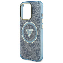 Guess IML Metal Glitter 4G Circle Triangle MagSafe dėklas, skirtas iPhone 16 Pro – mėlynas