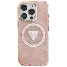 Guess IML Metal Glitter 4G Circle Triangle MagSafe dėklas, skirtas iPhone 16 Pro – rožinis
