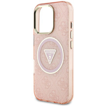 Guess IML Metal Glitter 4G Circle Triangle MagSafe dėklas, skirtas iPhone 16 Pro – rožinis