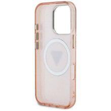 Guess IML Metal Glitter 4G Circle Triangle MagSafe dėklas, skirtas iPhone 16 Pro – rožinis