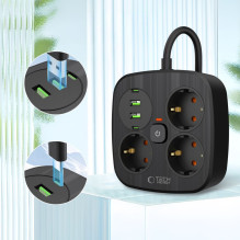 „Tech-Protect PCS3X4“ maitinimo lizdas, 3 lizdai, 2xUSB-A, 2xUSB-C, 200 cm - juodas