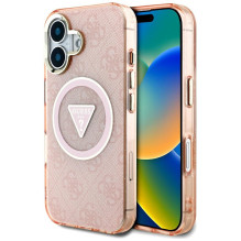 Guess IML Metal Glitter 4G Circle Triangle MagSafe dėklas iPhone 16 - rožinis