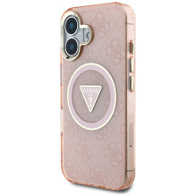 Guess IML Metal Glitter 4G Circle Triangle MagSafe dėklas iPhone 16 - rožinis