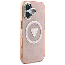 Guess IML Metal Glitter 4G Circle Triangle MagSafe dėklas iPhone 16 - rožinis