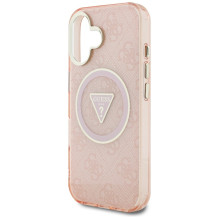 Guess IML Metal Glitter 4G Circle Triangle MagSafe dėklas iPhone 16 - rožinis