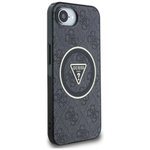 Guess IML Metal Glitter 4G Circle Triangle MagSafe dėklas, skirtas iPhone 16e – juodas