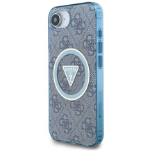 Guess IML Metal Glitter 4G Circle Triangle MagSafe dėklas, skirtas iPhone 16e – mėlynas