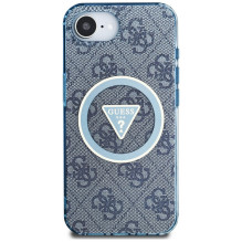 Guess IML Metal Glitter 4G Circle Triangle MagSafe dėklas, skirtas iPhone 16e – mėlynas