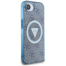 Guess IML Metal Glitter 4G Circle Triangle MagSafe dėklas, skirtas iPhone 16e – mėlynas