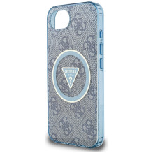 Guess IML Metal Glitter 4G Circle Triangle MagSafe dėklas, skirtas iPhone 16e – mėlynas