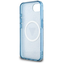 Guess IML Metal Glitter 4G Circle Triangle MagSafe dėklas, skirtas iPhone 16e – mėlynas