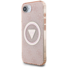 Guess IML Metal Glitter 4G Circle Triangle MagSafe dėklas iPhone 16e - rožinis