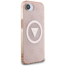 Guess IML Metal Glitter 4G Circle Triangle MagSafe dėklas iPhone 16e - rožinis