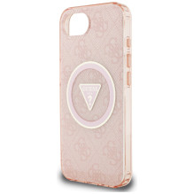 Guess IML Metal Glitter 4G Circle Triangle MagSafe dėklas iPhone 16e - rožinis
