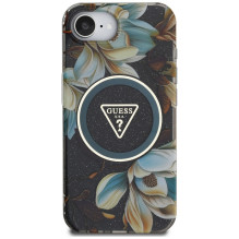 Guess IML Metal Glitter Flowers Triangle MagSafe dėklas iPhone 16e - juodas