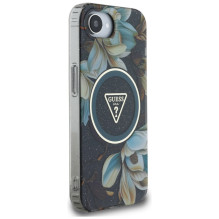 Guess IML Metal Glitter Flowers Triangle MagSafe dėklas iPhone 16e - juodas