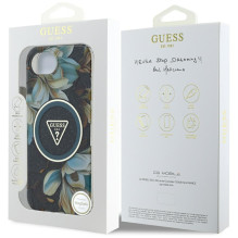 Guess IML Metal Glitter Flowers Triangle MagSafe dėklas iPhone 16e - juodas