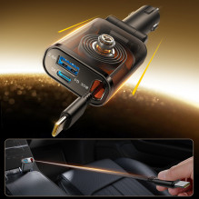 „Joyroom JR-CCL07“ 3 viename automobilinis įkroviklis su įmontuotu ištraukiamu laidu – tamsiai pilkas