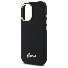 „Guess“ silikoninis metalinis logotipo ir rėmelio dėklas, skirtas „iPhone 16 Plus“ – juodas