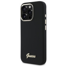 „Guess“ silikoninis metalinis logotipo ir rėmelio dėklas, skirtas „iPhone 16 Pro Max“ – juodas