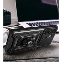 „Hybrid Armor Camshield“ dėklas su stovu ir kameros dangteliu, skirtas „Infinix Note 50 Pro 4G“ – juodas