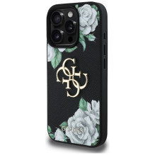 „Guess“ „Grained Roses“ didelio 4G logotipo „iPhone 16 Pro“ dėklas – juodas