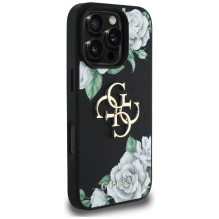 „Guess“ „Grained Roses“ didelio 4G logotipo „iPhone 16 Pro“ dėklas – juodas