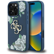 „Guess“ „Grained Roses Big 4G“ logotipo dėklas, skirtas „iPhone 16 Pro“ – mėlynas