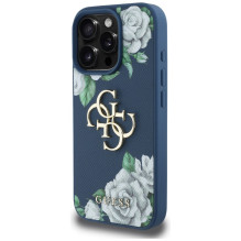 „Guess“ „Grained Roses Big 4G“ logotipo dėklas, skirtas „iPhone 16 Pro“ – mėlynas