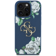 „Guess“ „Grained Roses Big 4G“ logotipo dėklas, skirtas „iPhone 16 Pro“ – mėlynas