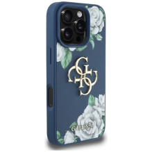 „Guess“ „Grained Roses Big 4G“ logotipo dėklas, skirtas „iPhone 16 Pro“ – mėlynas
