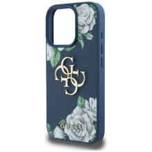 „Guess“ „Grained Roses Big 4G“ logotipo dėklas, skirtas „iPhone 16 Pro“ – mėlynas