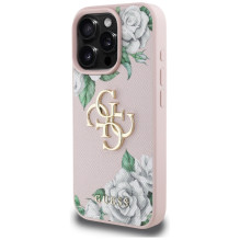 „Guess“ „Grained Roses“ didelio 4G logotipo „iPhone 16 Pro“ dėklas – rožinis