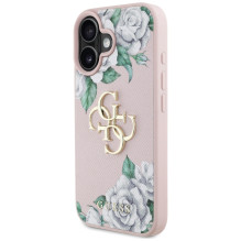 „Guess“ „Grained Roses“ didelio 4G logotipo „iPhone 16“ dėklas – rožinis