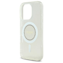 „Guess IML MagSafe“ dėklas su rhinestones elementais, skirtas „iPhone 16 Pro“ – baltas