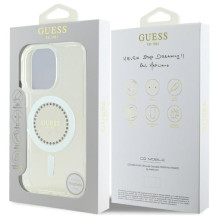 „Guess IML MagSafe“ dėklas su rhinestones elementais, skirtas „iPhone 16 Pro“ – baltas