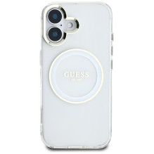 „Guess IML Metal Colored Circle Classic Logo MagSafe“ dėklas, skirtas iPhone 16 – baltas