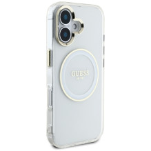 „Guess IML Metal Colored Circle Classic Logo MagSafe“ dėklas, skirtas iPhone 16 – baltas