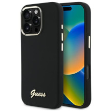 „Guess“ silikoninis metalinis logotipo ir rėmelio dėklas, skirtas „iPhone 16 Pro“ – juodas