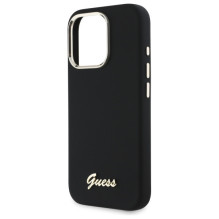 „Guess“ silikoninis metalinis logotipo ir rėmelio dėklas, skirtas „iPhone 16 Pro“ – juodas